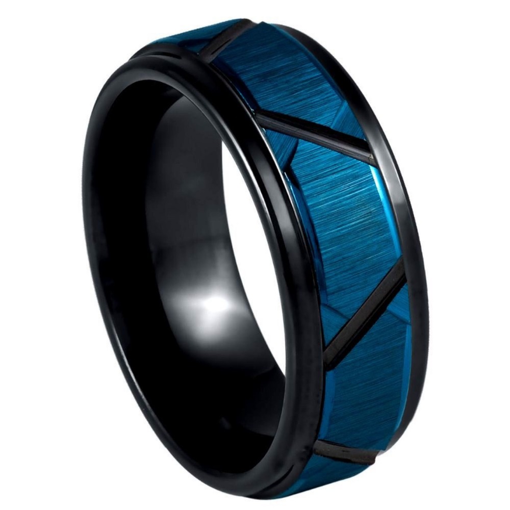 New 8mm Tungsten blue black IP plated Trapezoid stepped edge sizes 7 to 15